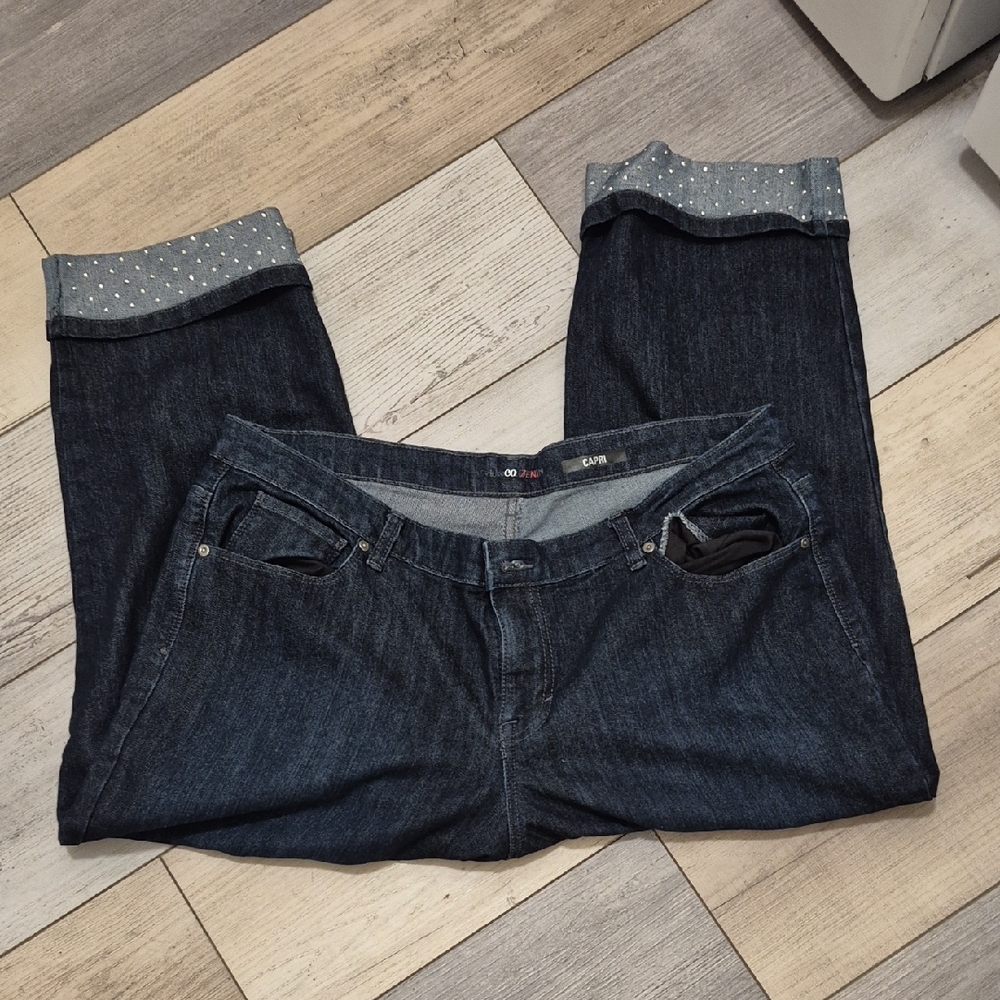 Dark Blue Denim Jeans with Polka Dot Cuffs Super Cute. Love The Bottom Size 18